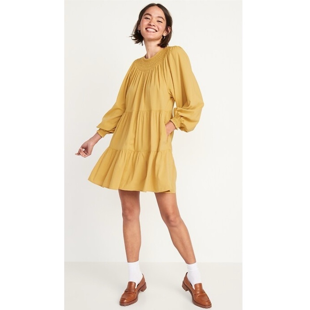 Old Navy Long-Sleeve Tiered Smocked Embroidered Mini Swing Dress Gold Celandine‎